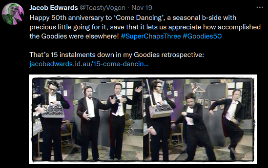 The Goodies in formal wear. Graeme holds a machine that, when tweaked, causes Bill and Tim to dance.