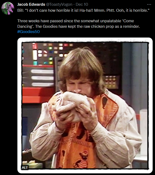 Bill bites into a raw chicken.