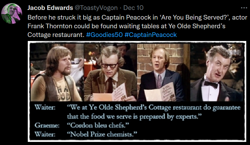 The Goodies dining at Ye Olde Shepherd's Cottage restaurant. Frank Thornton as the Waiter.