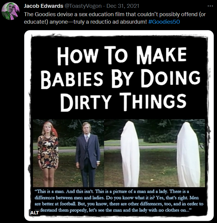 Tim and a young lady standing clothed, than sheeted, for the heavily censored gender education film ‘How to Make Babies by Doing Dirty Things’.