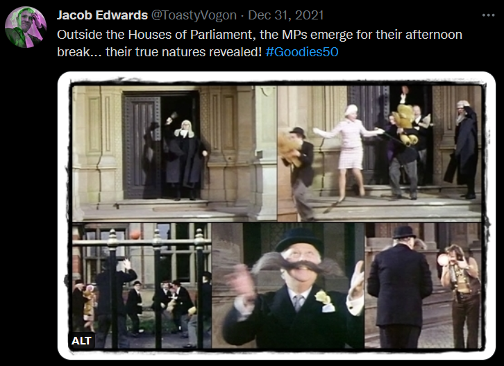 A gaggle of MPs come roughhousing down the steps of Parliament. Bill attempts to lure Sir Reginald Wheel-Barrow away with a lollipop.
