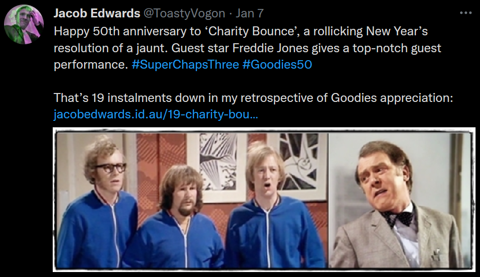 The Goodies in blue tracksuits. Freddie Jones as Mr Sparklipegs.