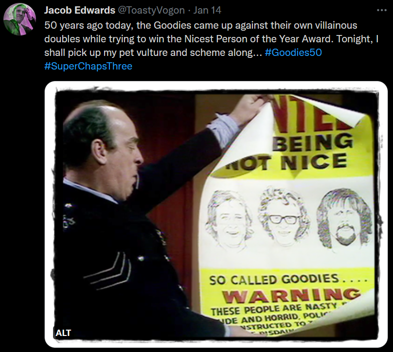 The police sergeant (John Junkin) holds up a wanted poster featuring sketches of the Goodies.
