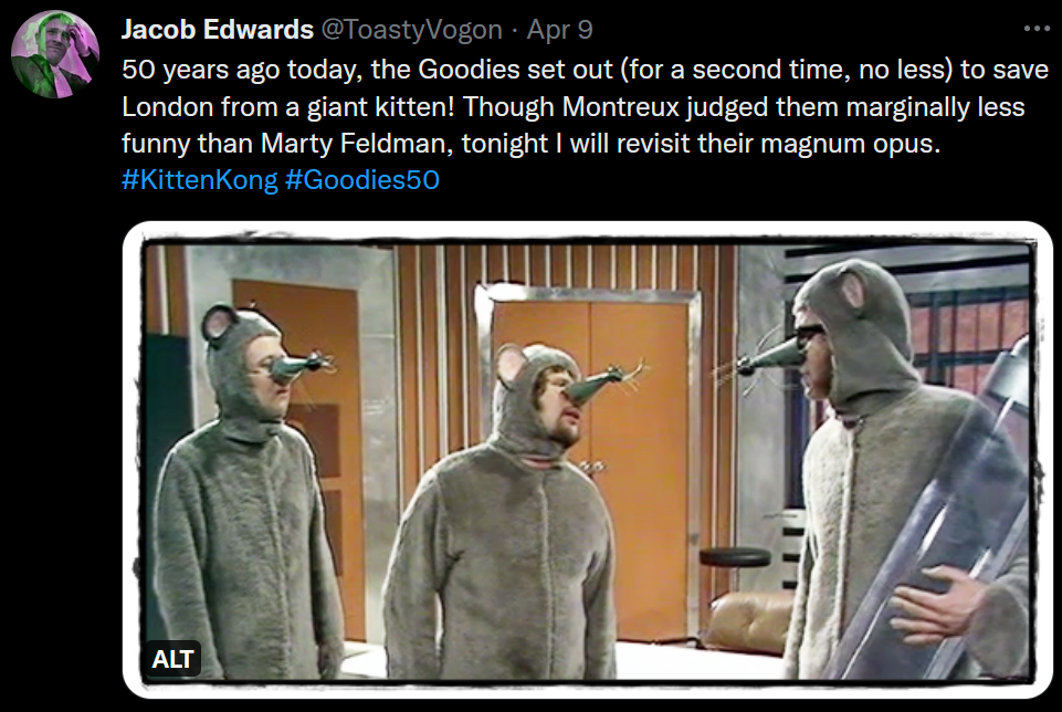 The Goodies dressed as mice.