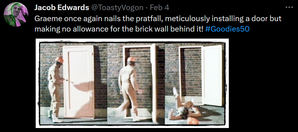 Graeme puts the finishing touches on a door, opens it, and crashes into the brick wall behind.