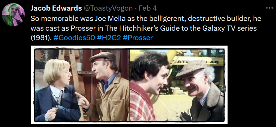 Tim with the Builder (Joe Melia); Arthur Dent (Simon Jones) confronts Prosser (also Joe Melia) in The Hitchhiker’s Guide to the Galaxy TV series.