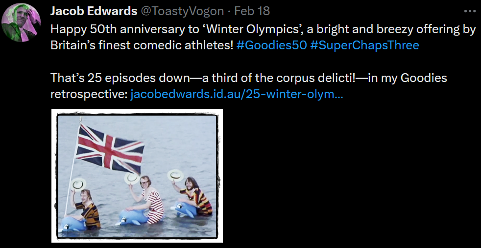 The Goodies fly the British flag... while riding inflatable pool dolphins.