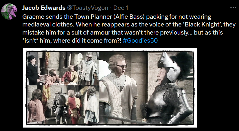 The Goodies and the Town Planner (dressed in business suit), no suit of armour; the Goodies investigate a suit of armour; the Town Planner dressed in a different suit of armour.