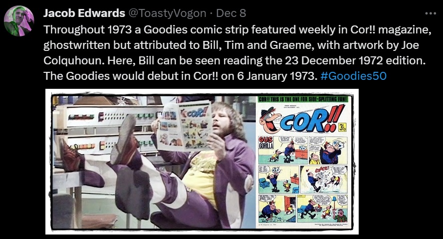 Bill sitting back in his purple suit, reading Cor!! magazine; the front cover of the issue in question (23 December 1972).
