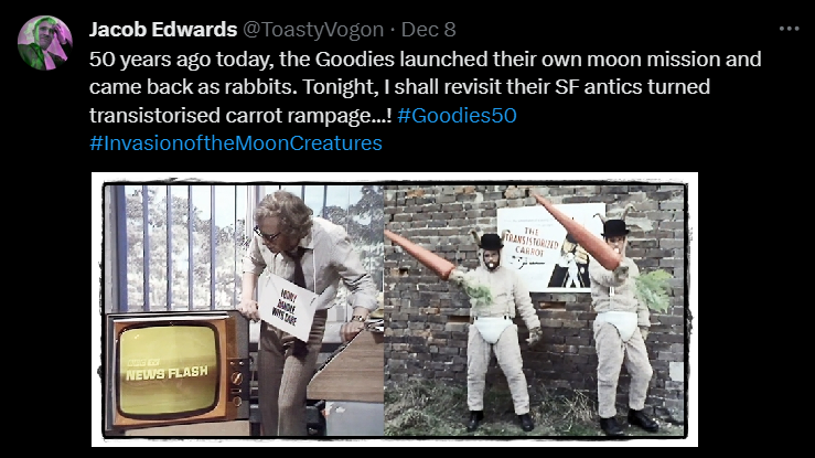 Graeme, wearing a sign marked ‘Loony: handle with care’ around his neck, watches a TV news flash. Bill and Tim, dressed as human/rabbit hooligans and brandishing enormous carrots, stand in front of a Clockwork Orange poster rebranded ‘The Transistorized Carrot’.