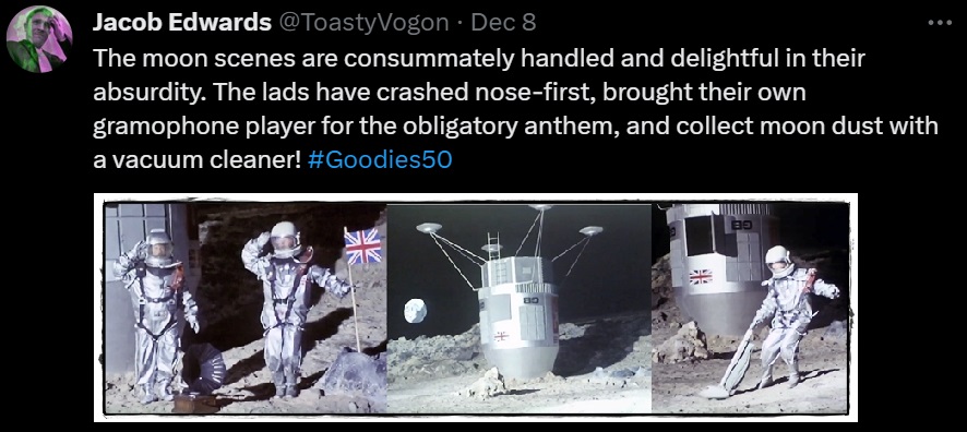 Bill and Tim in space suits on the moon, saluting the flag, gramophone player deployed; the British space capsule landed nose-first in the moon’s surface; Tim, collecting moon dust with a vacuum cleaner.