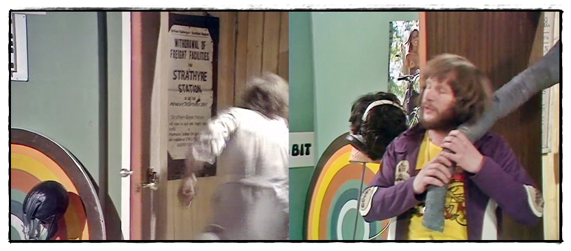 Graeme exits the inner office in 'The Race'. A 'Strathyre Station' sign can be seen hanging outside, to the left of the door. Bill tries to usher an elephant inside in 'The New Office'. A different sign can be seen.