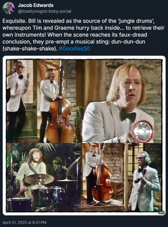 Tim shining his torch; Bill playing a drum kit in the jungle; Graeme shaking maracas while Tim plays the double bass.
