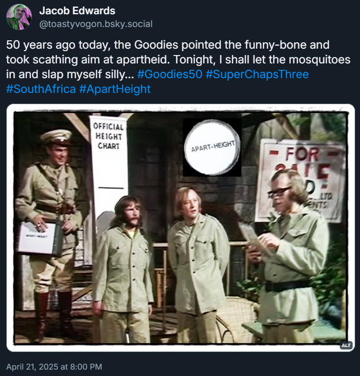 Philip Madoc’s customs officer watches on as Graeme and Tim subject Bill to the ‘apart-height’ segregation test.