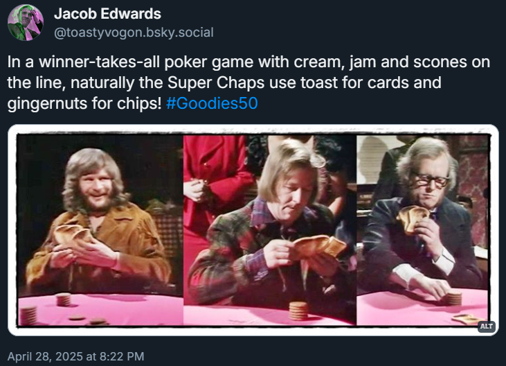The Goodies playing poker, using toast for cards and gingernuts for chips.