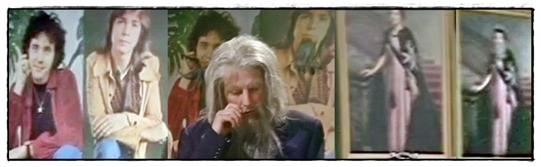 The poster of Davids Essex and Cassidy, with and without beards. (Tim, bearded, stands in front of the former). The painting of the Queen, likewise with and without beard.