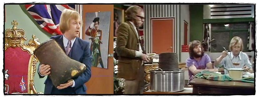 Tim from "The New Office", clutching the elephant's foot umbrella stand. The lads in "The End", Graeme standing by a pot with the same elephant's foot umbrella stand; Bill and Tim seated (Tim ladling out stew).