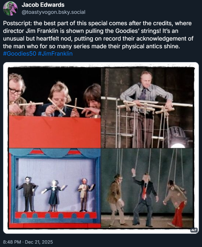 Graeme, Tim and Bill pulling the strings of Thorpe, Thatcher and Wilson marionettes; Jim Franklin pulling the Goodies’ strings!